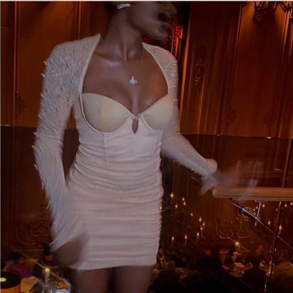 Oh Polly Cream Mini Dress with Embellished Sleeves